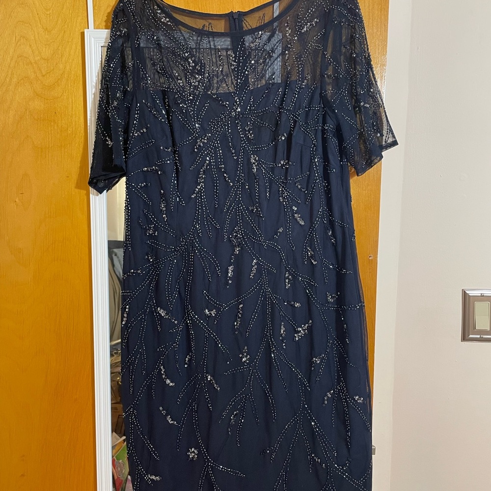 Adrianna Papell Midnight Blue Beaded Midi Dress